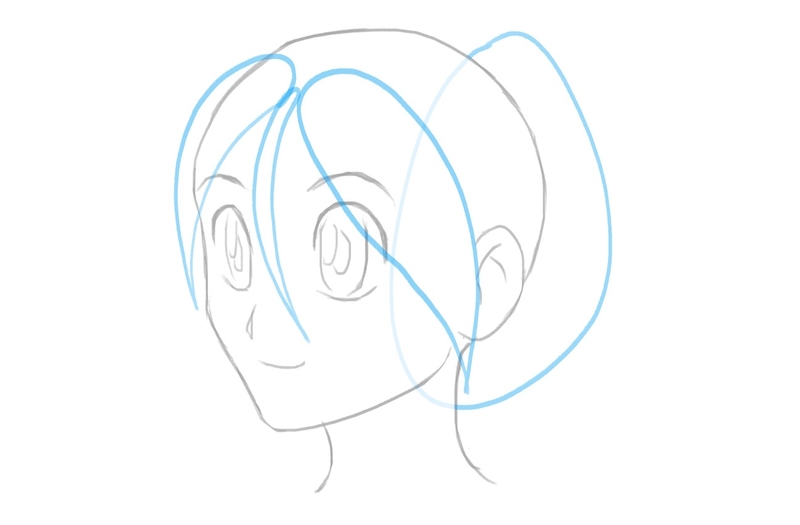 The outline of the bangs on the right side of the female anime character's face.​