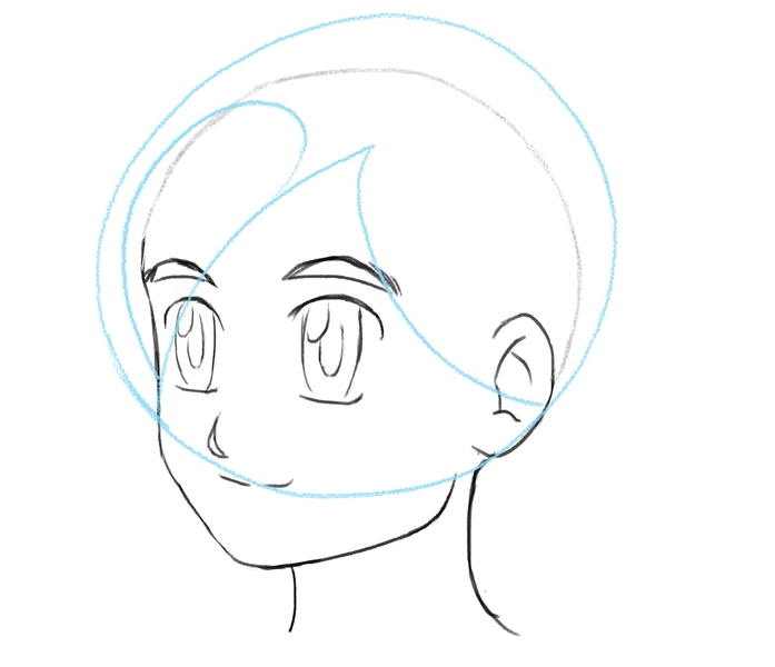 The first wing shape is added to the sketch to mark the length of the strands at the front of the anime boy's hair.​