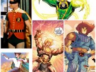 superher costumes (Robin, Lion-O, Electro, He-Man, Fighting Yank)