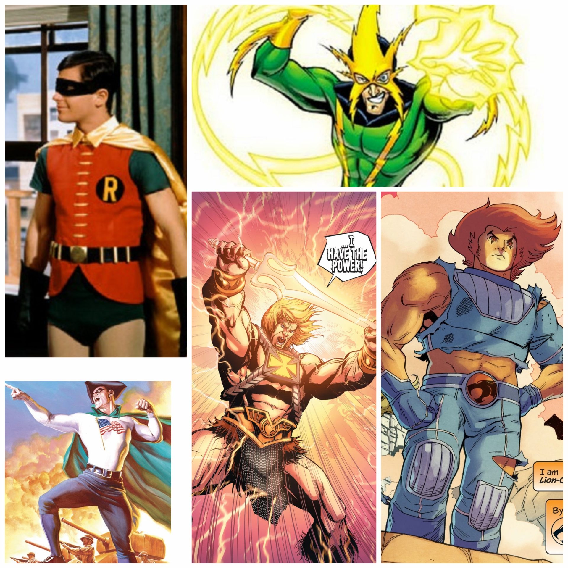 superher costumes (Robin, Lion-O, Electro, He-Man, Fighting Yank)