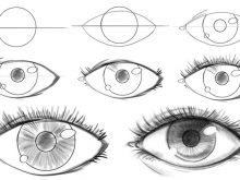 Images depicting the process of eye drawing (all steps in one picture)