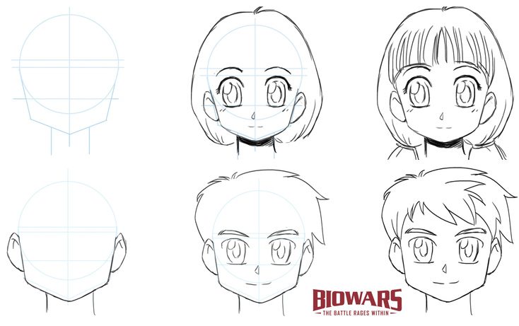 Finished drawings of anime boy's and anime girl's faces.