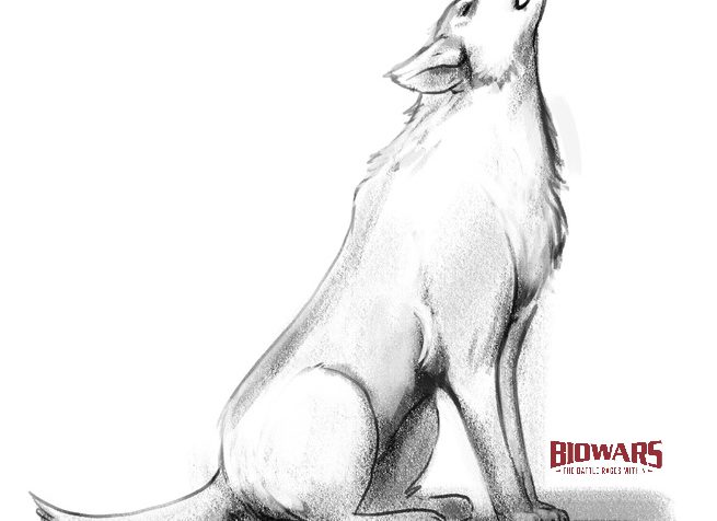 The finished drawing of a wolf with a BioWars logo next to it.