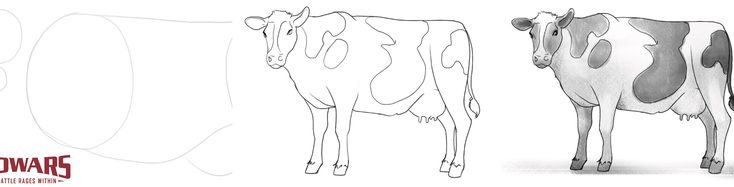 Steps showing the process of creating a cow drawing.