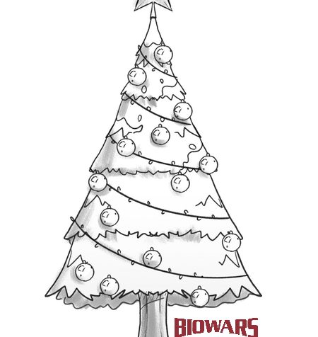 Image of the finished Christmas tree drawing with the Biowars logo next to the tree. Photo used in the “Christmas Tree Drawing In 6 Steps For Beginners” blog post.