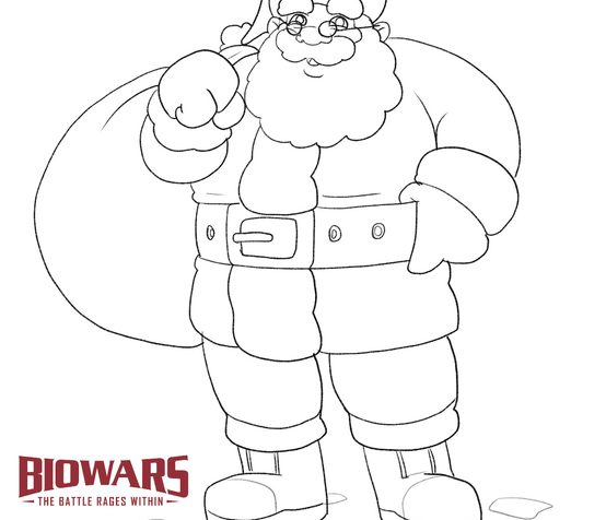 Finished drawing of a Santa Claus with the BIOWARS logo next to it. Image used in the “Santa Drawing 101: A Beginner's Guide to Festive Sketching” blog post.​