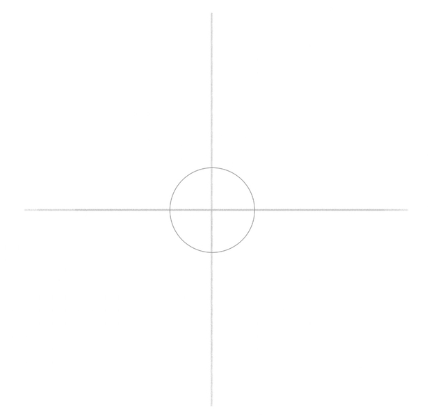 A circle with a horizontal and vertical line going through its center.