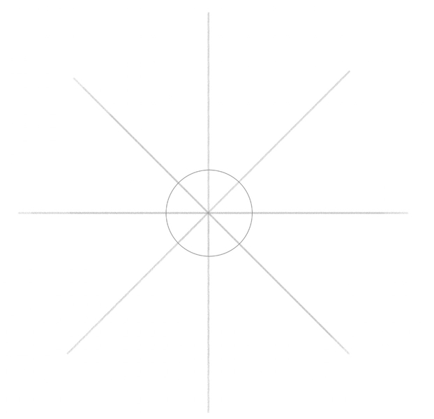 A circle with horizontal, vertical, and diagonal lines going through its center.