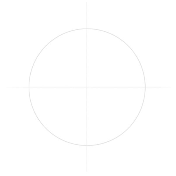 A circle with straight a horizontal and vertical line meeting at its center.