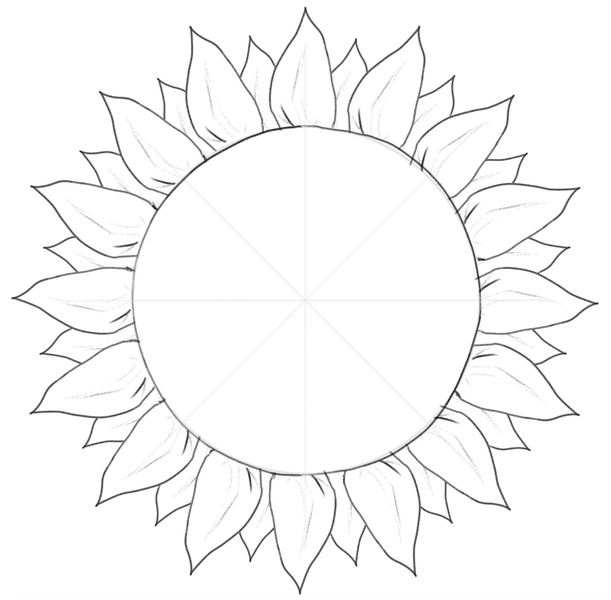 Ray florets added behind the petals surrounding the circle.