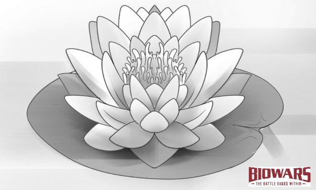 Finished lotus flower drawing with a Biowars logo next to it.