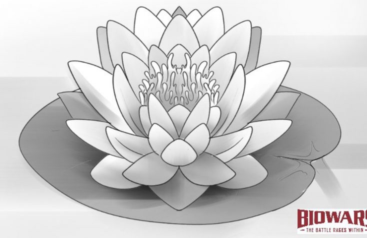 Finished lotus flower drawing with a Biowars logo next to it.