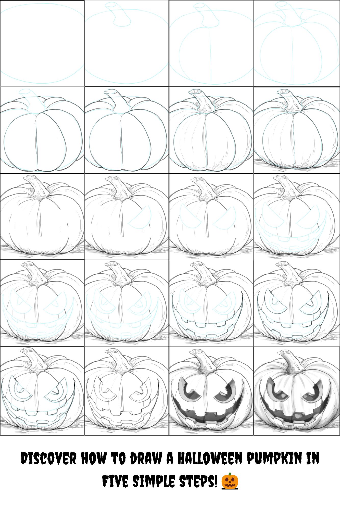 A collage showing the steps to Halloween pumpkin drawing.