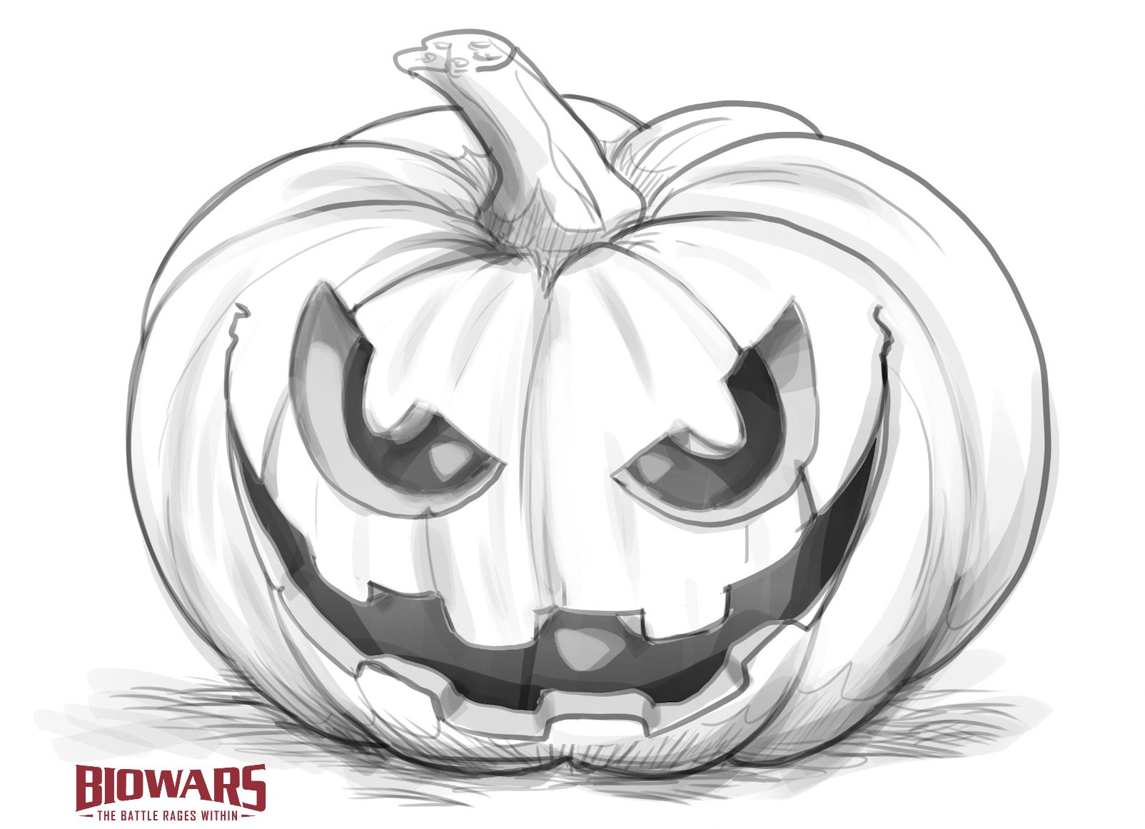 A drawing of a pumpkin with the Biowars logo displayed next to it.