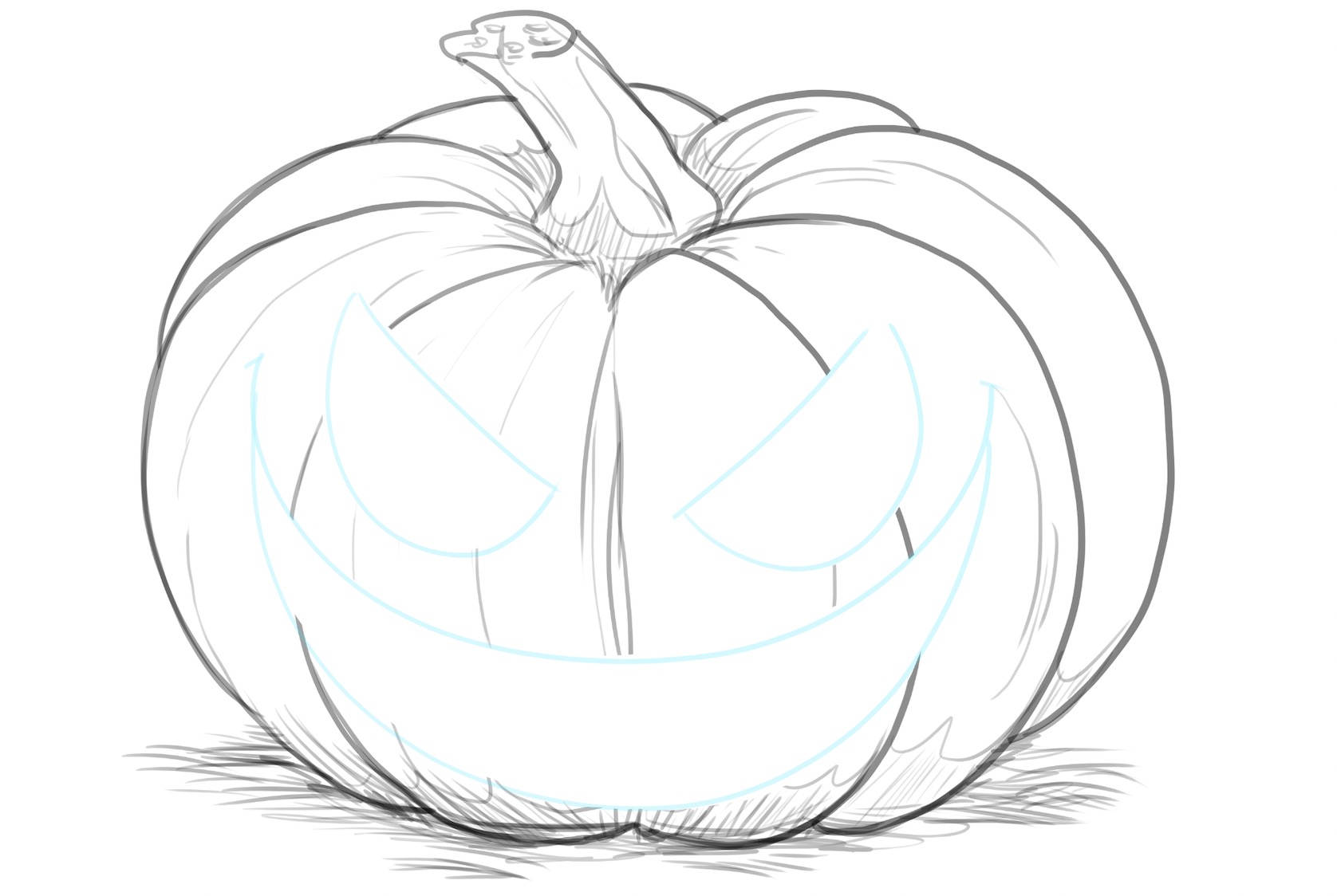 The eyes and mouth outline are added to the pumpkin sketch.