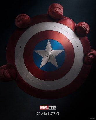 A movie poster showing Captain America’s shield. Image used in the “Captain America: Brave New World – Key Details Revealed” blog post.